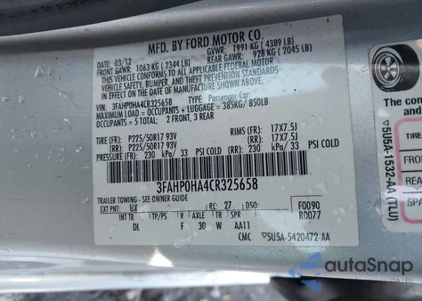 2012 Ford Fusion Se z USA, uszkodzony, nr VIN 3FAHP0HA4CR325658